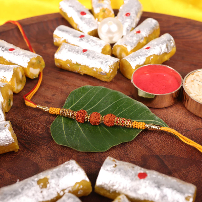Rudraksha Beads Rakhi And Roll Kaju Katli 400Gm