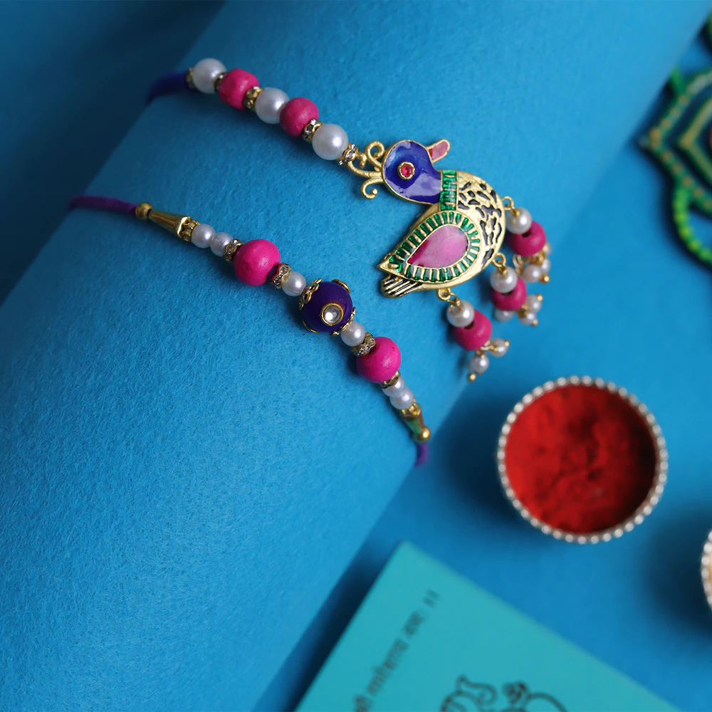  Bhaiya Bhabhi Kundan Bird Rakhi Set